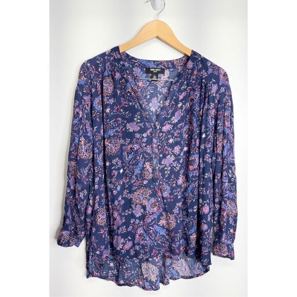 Nine West Jeans Shirt Womens Floral Long Sleeve Purple Blouse High Low Size Larg - Picture 1 of 6